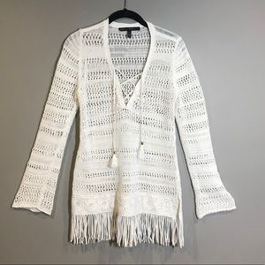 WHBM White Crochet Long Sleeve Top with Fringe